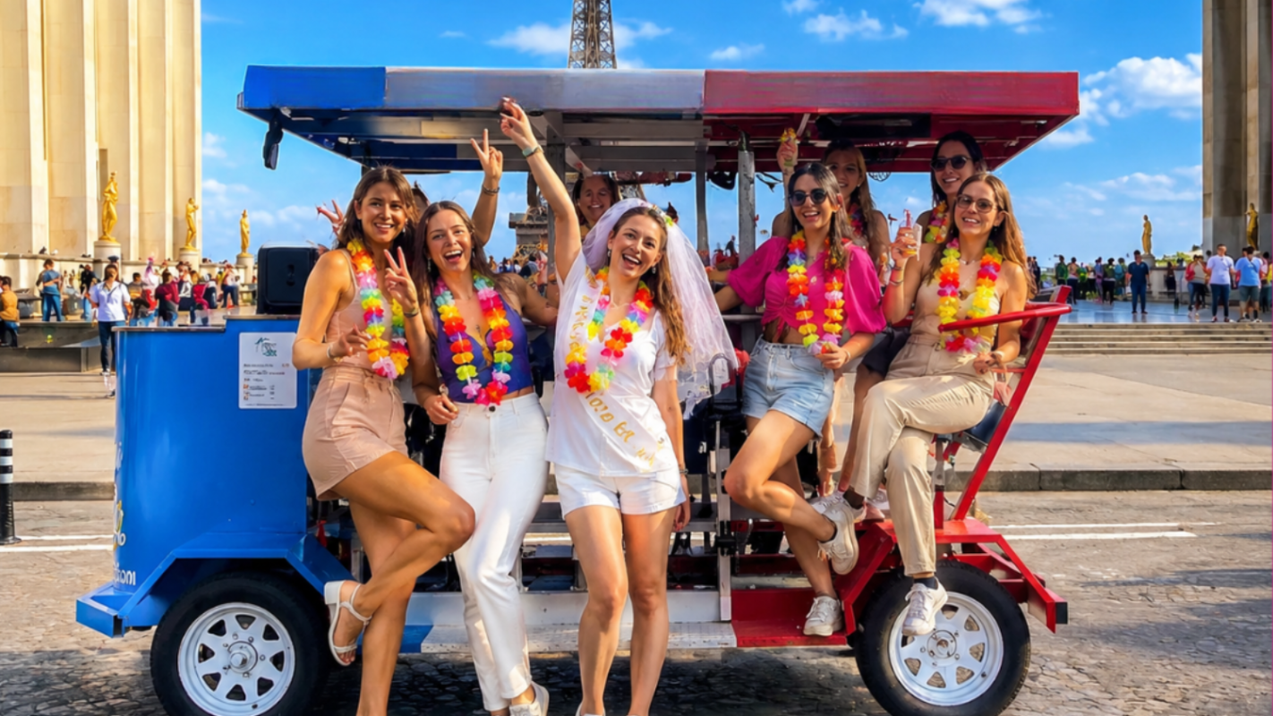 EVJF Paris : Bar à pédaler pour faire la fête ! Bar à pédaler EVJF Paris : Une activité originale pour faire la fête entre copines avec musique, boissons et ambiance festive dans les rues de Paris.